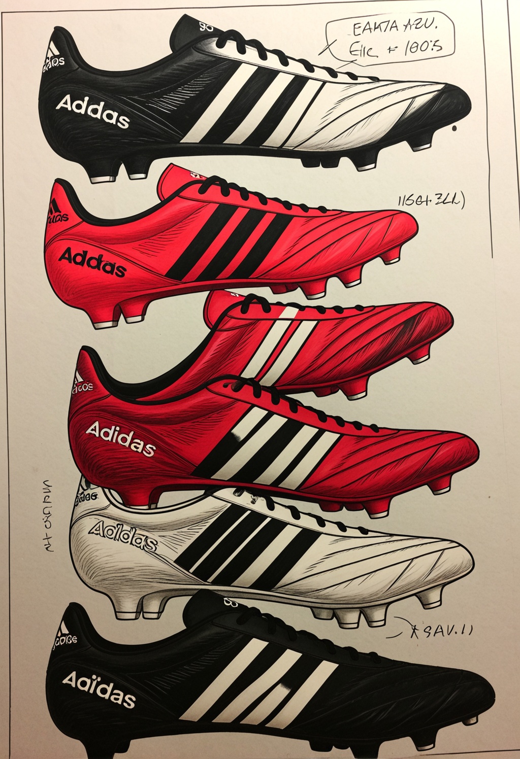 Close-up of Adidas football shoes,  exuding vitality. The colors are mainly red,  black and white on Tensor.Art