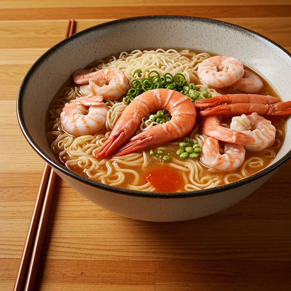 Ramen with plenty of shrimp ingredients,  wide photo,  best quality on Tensor.Art