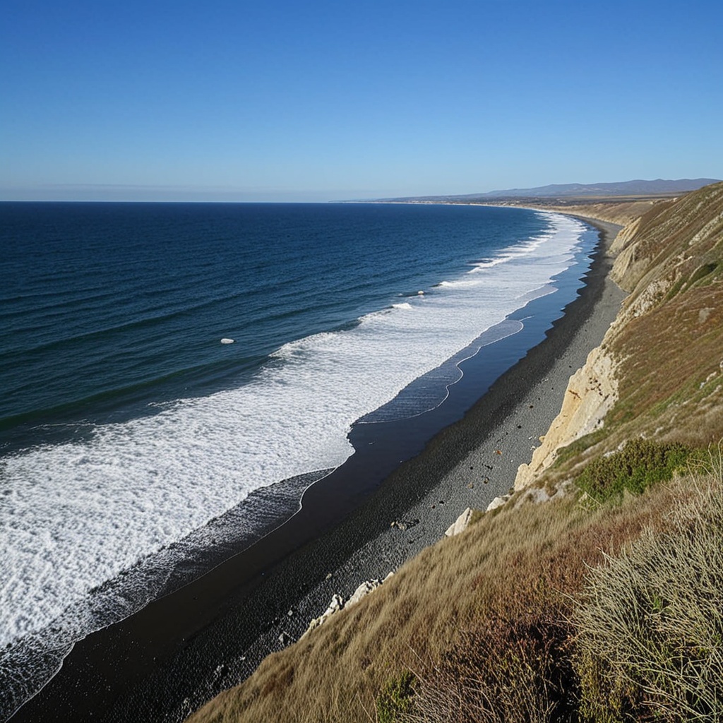 a picturesque coastal scene,  taken from a high vantage point,  the focal point is a sandy beach with gentle waves crashin...