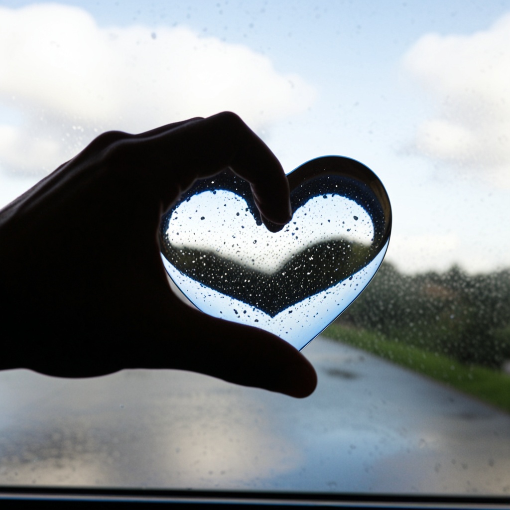 A close-up photograph of a hand forming a half-heart shape with its reflection on a slightly fogged and rain-splattered gl...