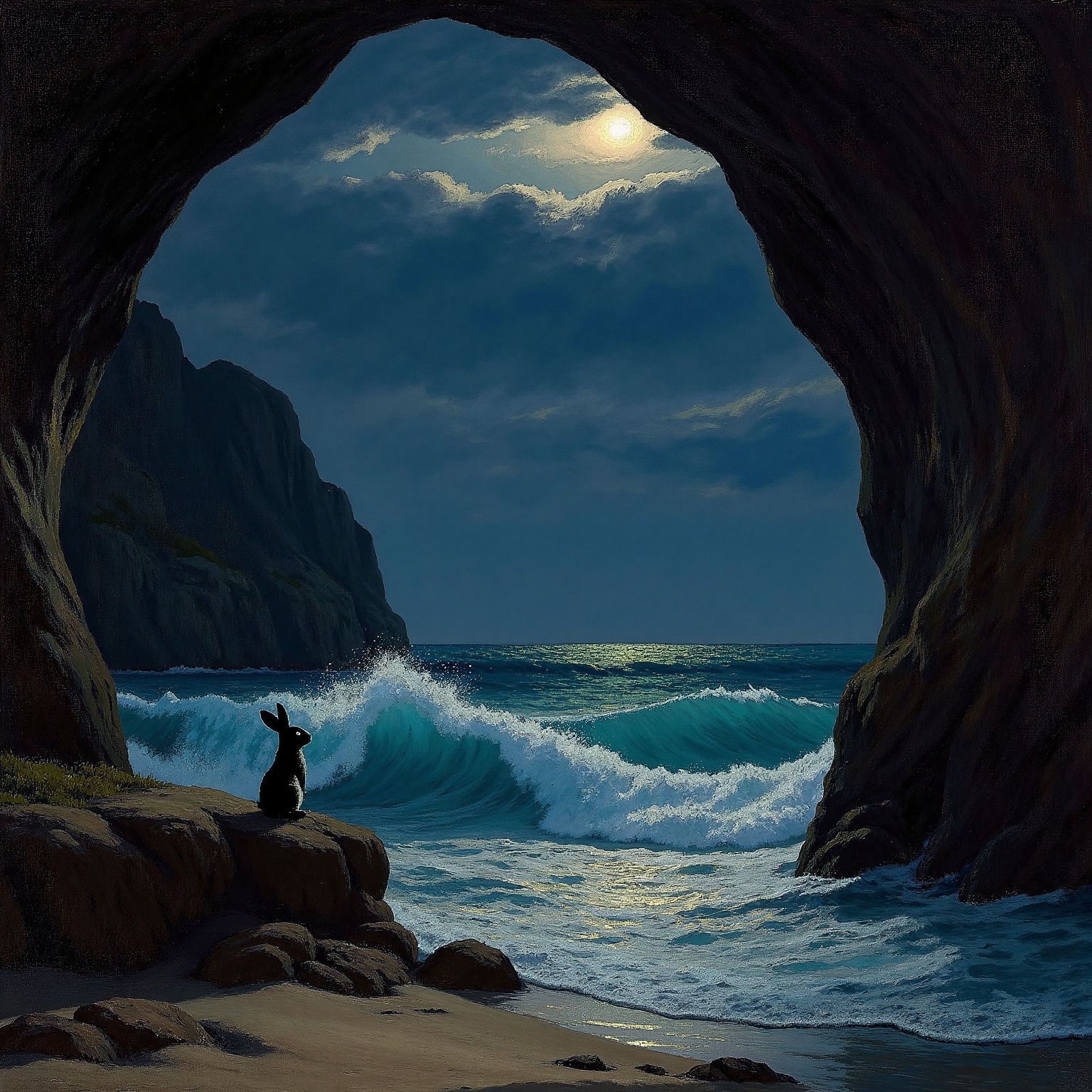 An EdwardH0pp3r style oil on canvas depicting a silhouetted figure of a terrified little rabbit trapped in a coastal cave...