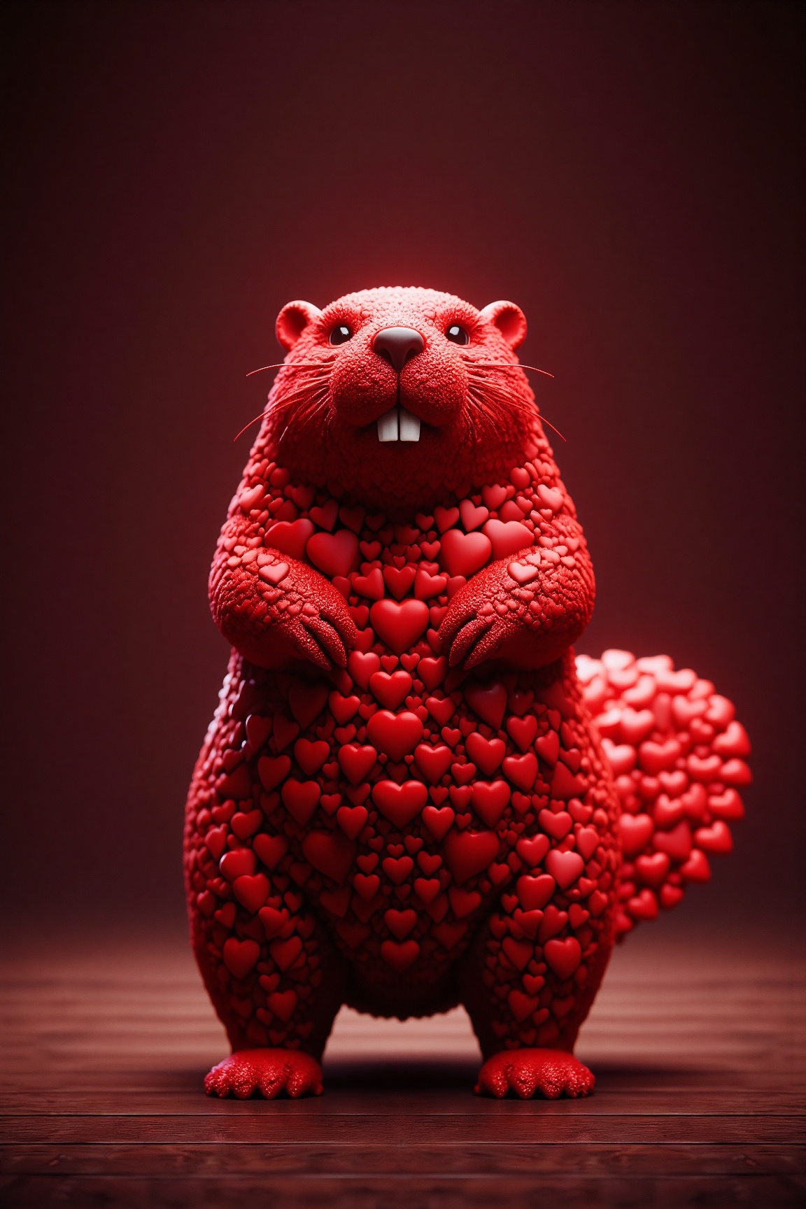 This is a digital artwork featuring a stylized,  anthropomorphic beaver made entirely from red heart shapes. The beaver is...