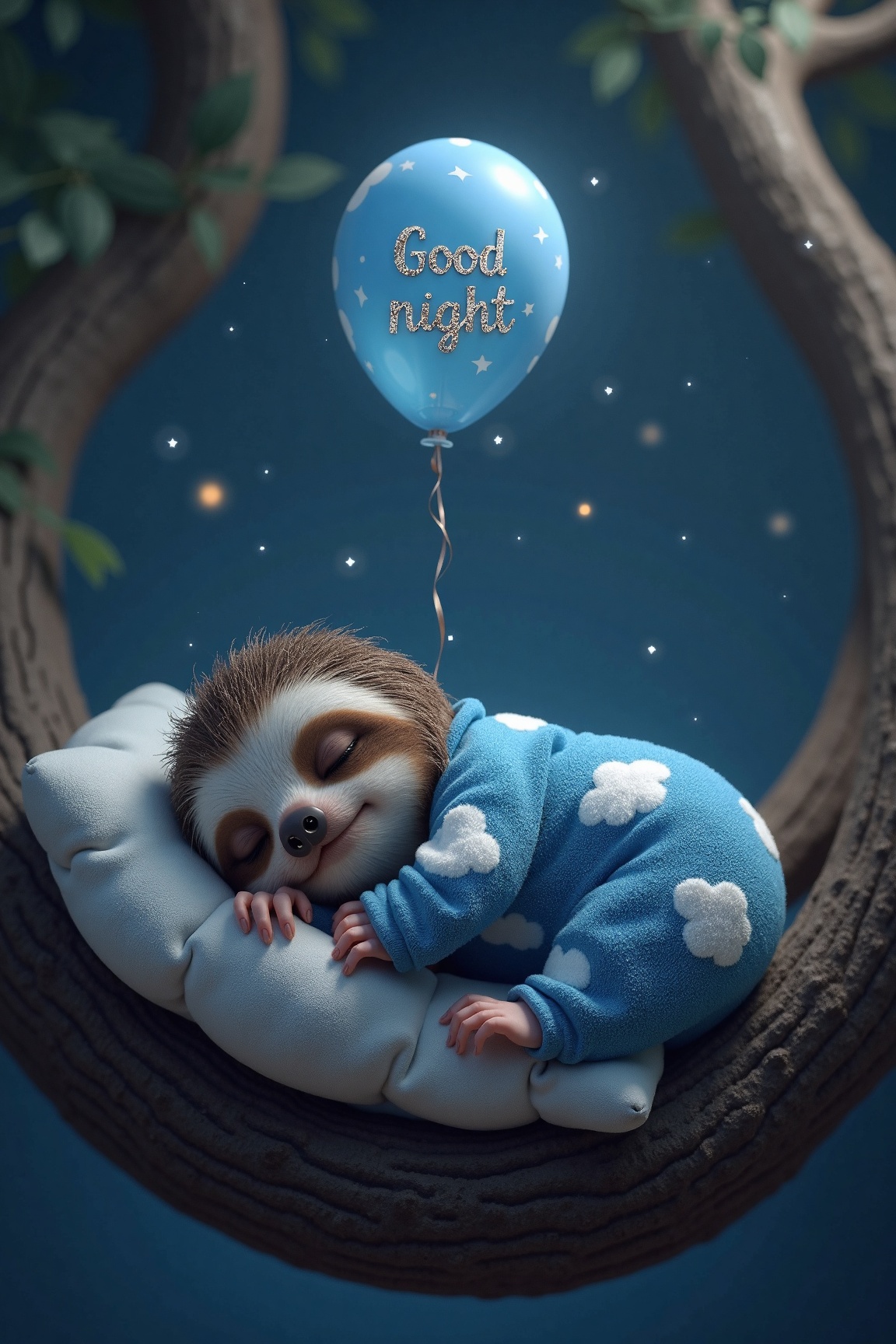 A hyperrealistic image of an adorably tiny anthropomorphic,  three-toed baby sloth,  dressed in cozy blue pyjamas with lit...