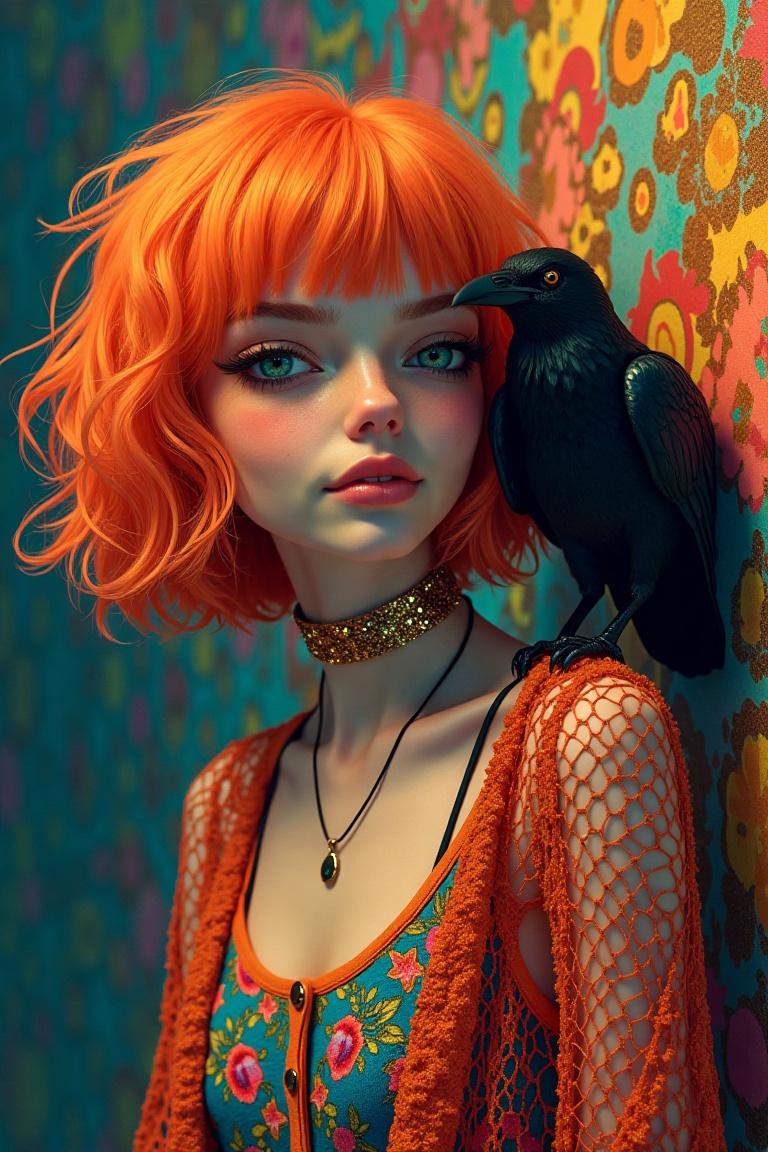 A vibrant and eclectic digital artwork in Dalcefo Takashi Murakami and Gustav Klimt-inspired art styles,  a young woman,...