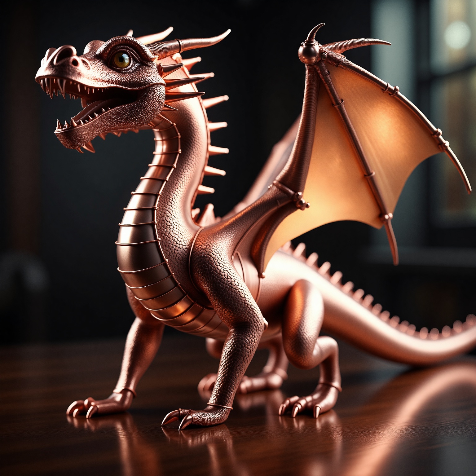 The image is a highly detailed,  photorealistic CGI rendering of a majestic dragon statue. The dragon stands on a dark,  r...