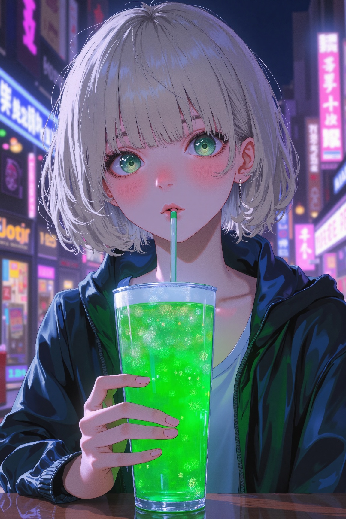 The image depicts an anime-style character with short,  light-colored hair and striking green eyes,  sucking from a straw...