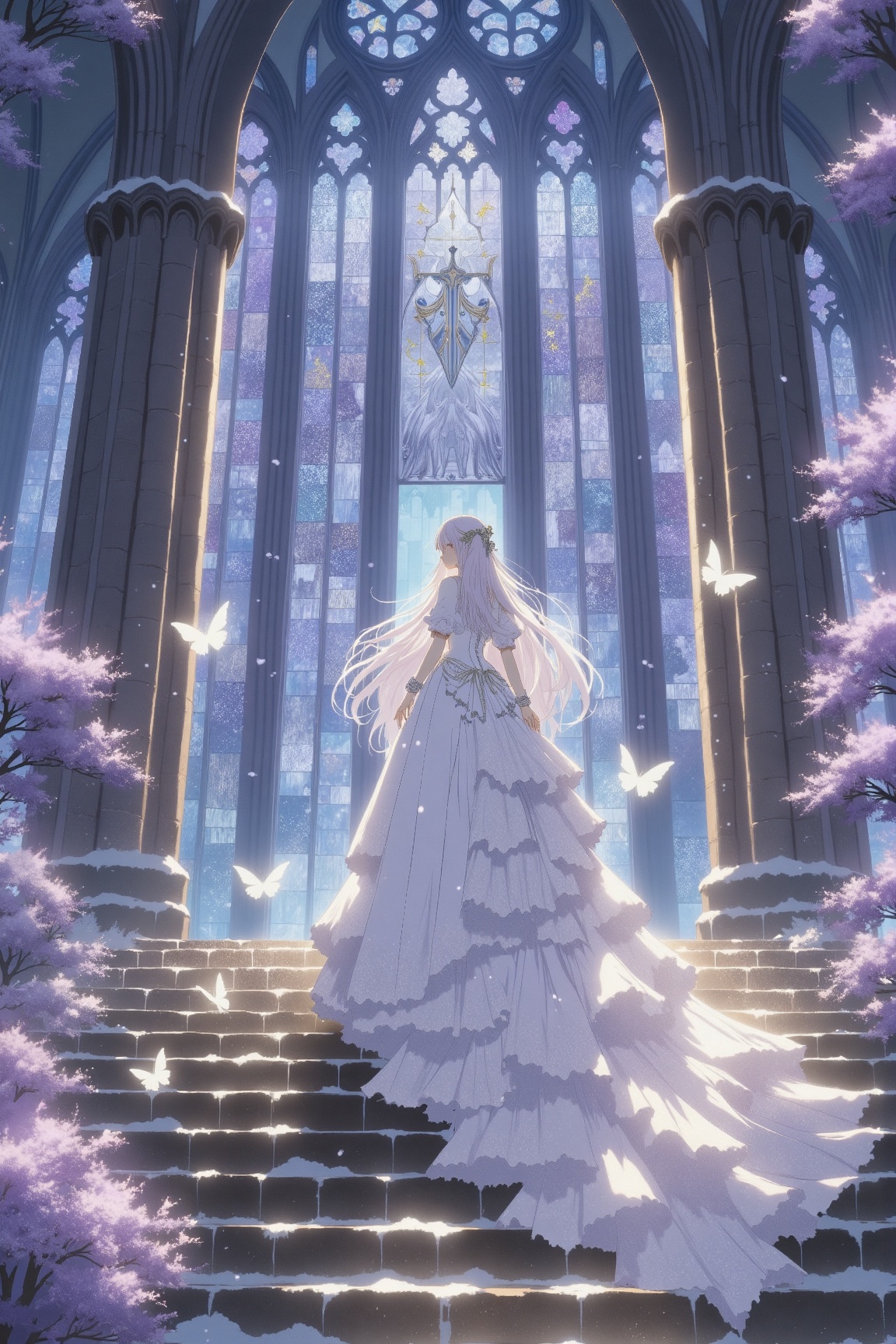 Digital painting of a fantasy scene. A woman with long,  flowing white hair and a white,  ruffled gown stands on stone ste...