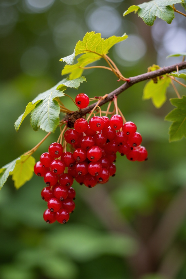 This photograph captures a close-up of a branch laden with clusters of bright red glossy currant berries. The berries hang...