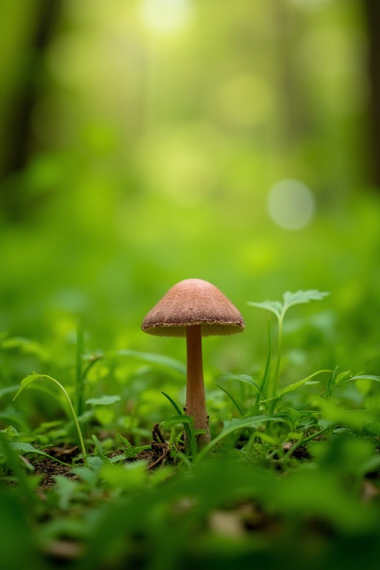 Photograph of a small brown mushroom with a slightly convex cap and a pinkish stem standing upright in a lush green grassy...