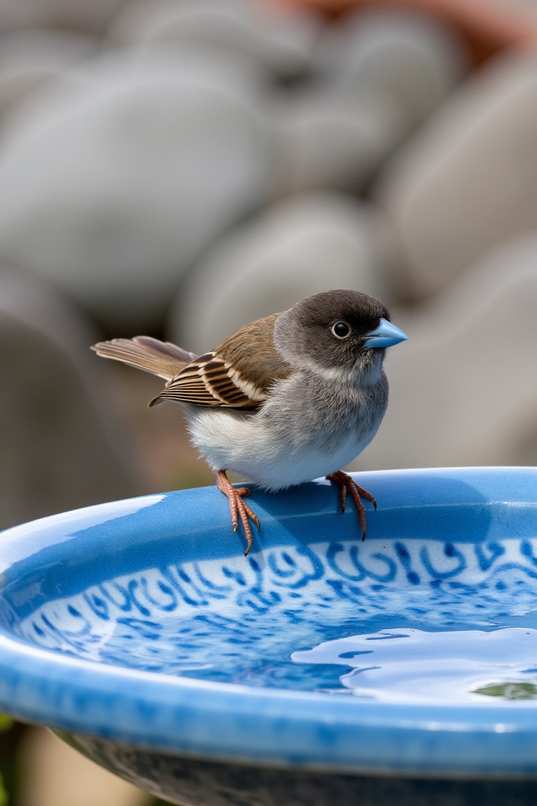 Photograph of a small plump bird perched on the rim of a blue ceramic birdbath. The bird has a brown and white feathered b...