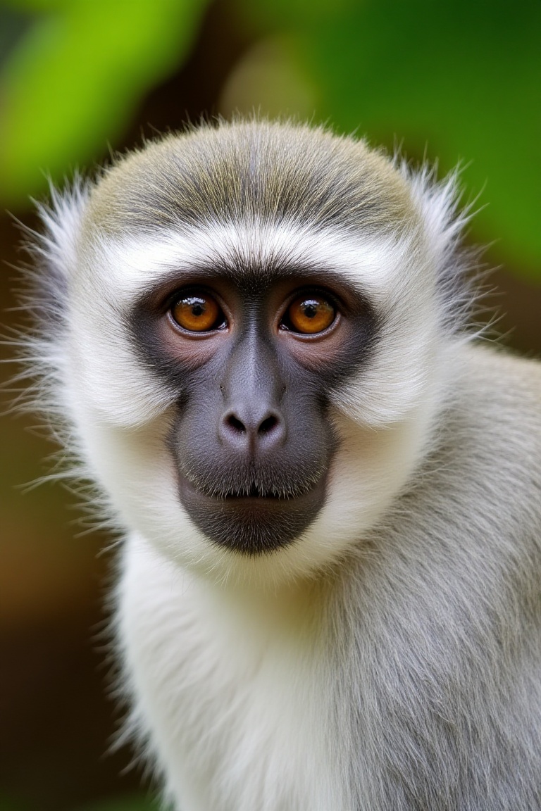 Photograph of a close-up of a grey-faced monkey with a white and grey fur coat looking directly at the camera with large e...