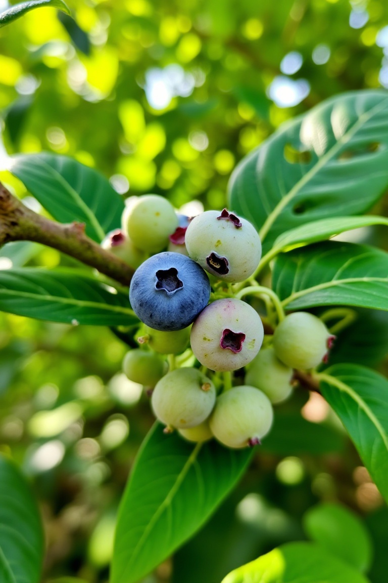 Photograph of a cluster of blueberries in a natural setting. The berries varying in shades from pale green to deep blue ar...