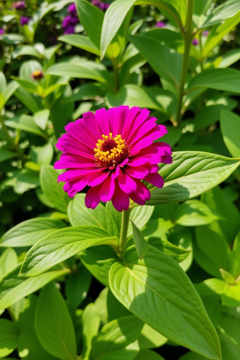 Photograph of a vibrant fully-bloomed magenta zinnia flower centered in the frame. The flowers numerous layered petals are...