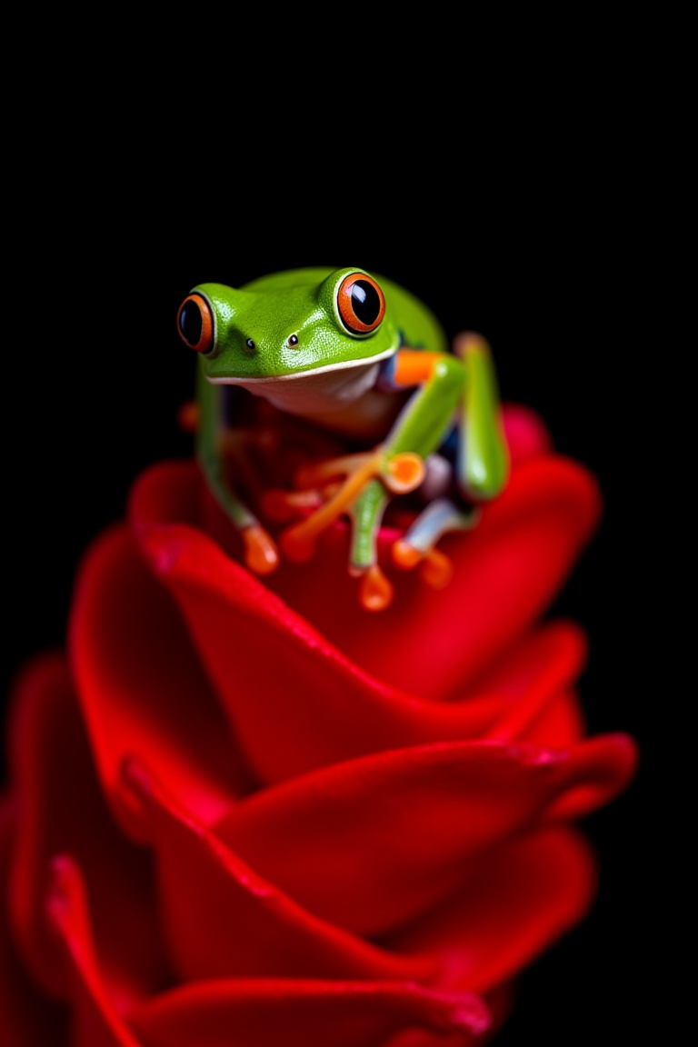 Photograph of a vibrant green tree frog with orange and black accents perched on a striking red heliconia flower. The frog...