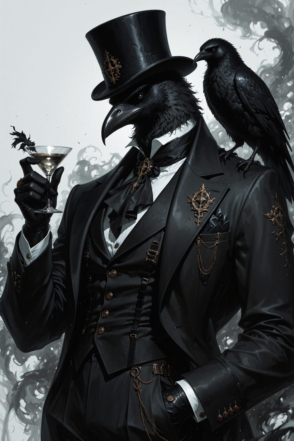 a dark,  gothic fantasy style. The central figure is a humanoid bird character with a black,  avian beak on Tensor.Art
