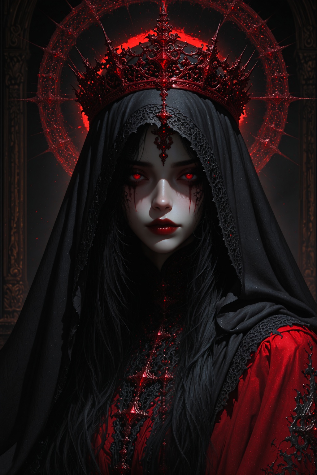 A dark,  gothic portrait of a mysterious figure draped in a flowing black veil. The subject wears a red ornate crown adorn...