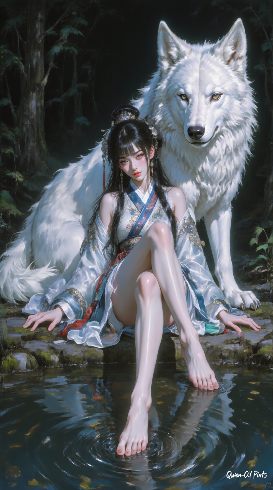 数字油画,  写实油画风格的美丽汉服女子,  背靠着一只巨大的白狼 on Tensor.Art