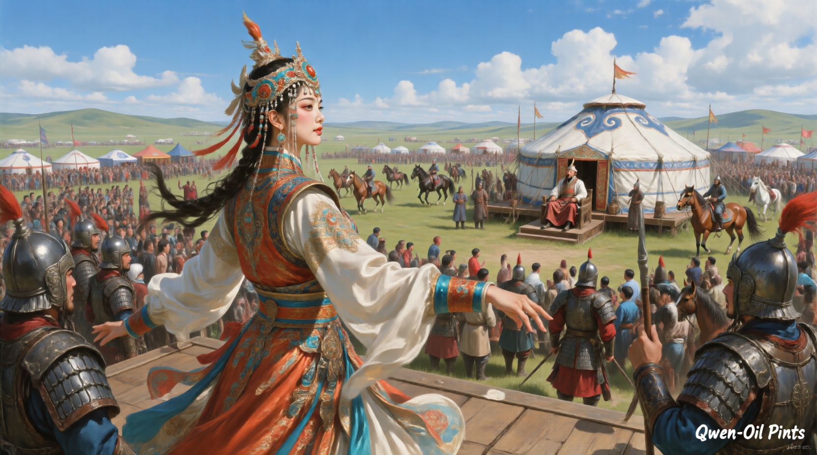 数字油画,  现代油画风格的蒙古公主,  在蒙古那达慕大会为远处主帐前的可汗跳舞 on Tensor.Art