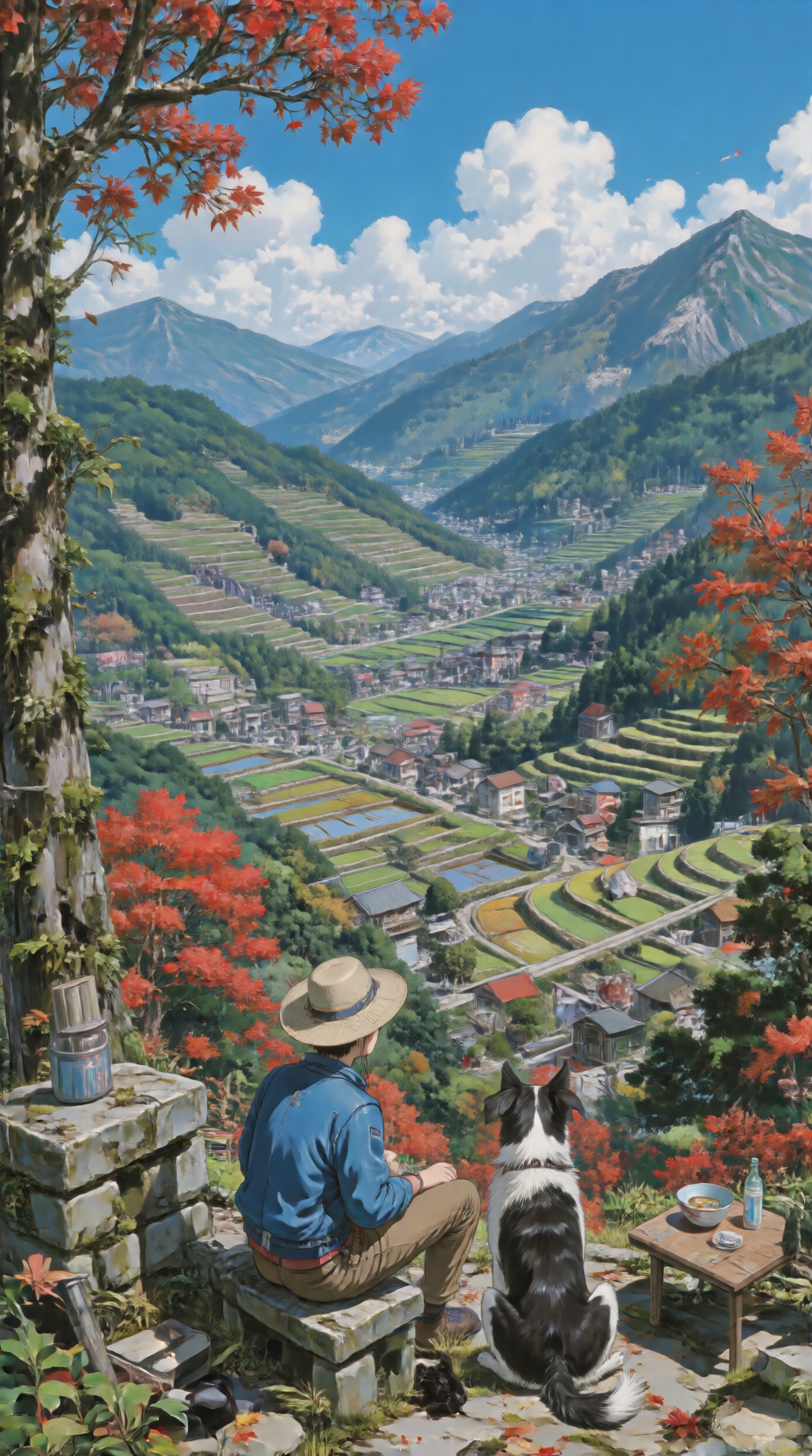 一张数字油画,  带有宫崎骏风格吉卜力风格的数字绘画,  描绘了一幅宁静的山景 on Tensor.Art
