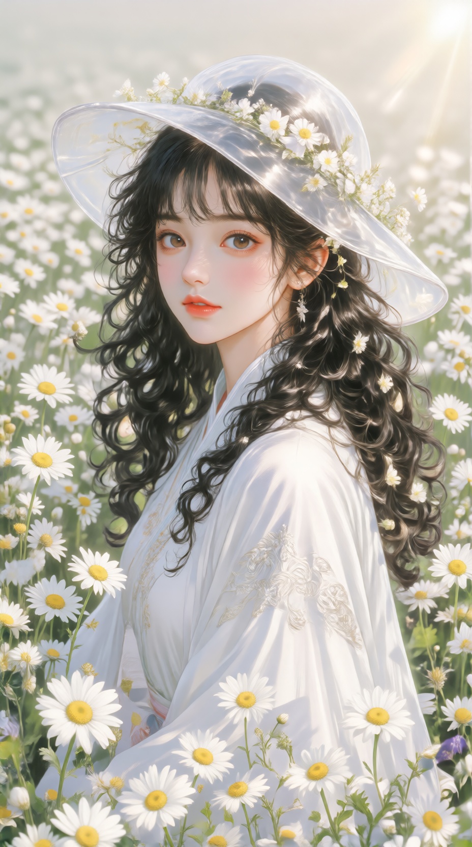 数字油画,  一位美丽的女子置身于洁白的雏菊花海中,  乌黑卷发自然垂落 on Tensor.Art