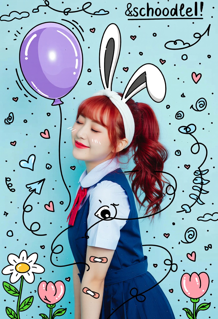 real&doodle!,  A schoolgirl with red hair tied in a ponytail wears a blue uniform and a white headband,  smiling gently wi...