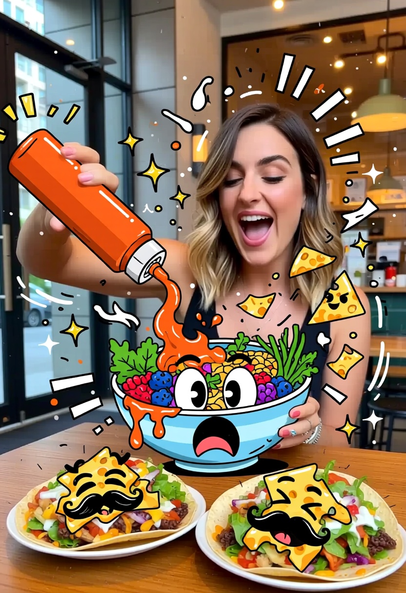 real&doodle!,  A woman with shoulder-length hair and a playful expression holds a cartoon-style orange sauce bottle,  sque...