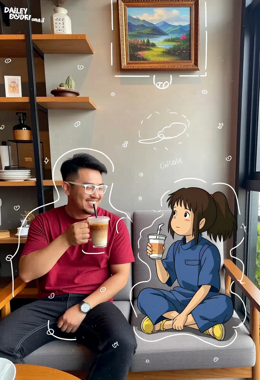 real&doodle!,  A man sits casually on a modern gray sofa in a minimalist coffee shop,  sipping an iced latte. He wears a r...