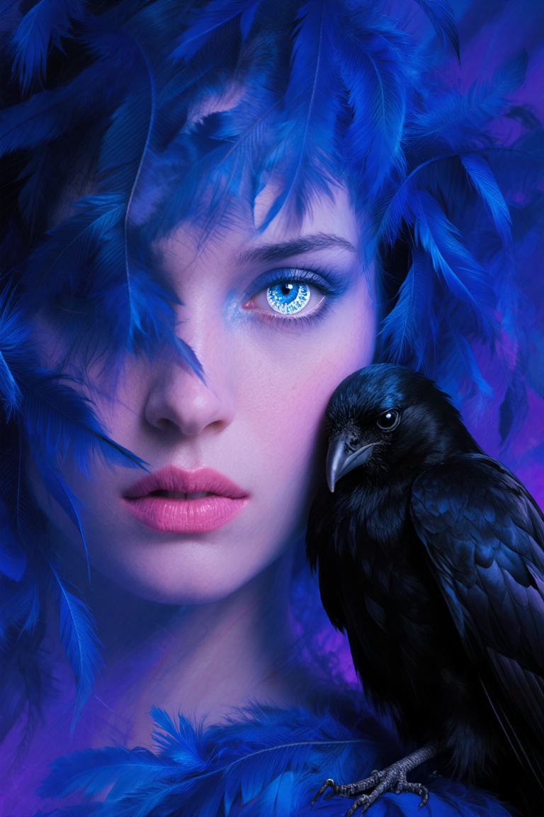 a woman with a mystical and otherworldly aura,  her face partially obscured by a veil of blue feathers. Her piercing blue...