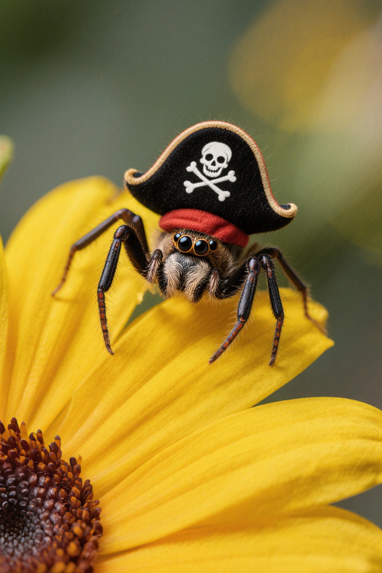 A mischievous spider in a pirate hat atop a vibrant yellow flower appears to move its legs and gaze around curiously,  the...