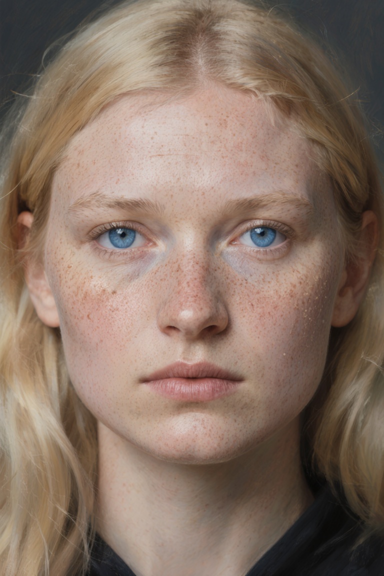 Highly realistic portrait of a Nordic woman with blonde hair and blue eyes,  very few freckles on her face,  gaze sharp an...