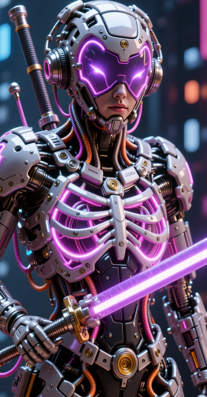 A hyper-realistic full body poster-style portrait,  studio lighting,  depth of field. A futuristic female exohumanoid sold...