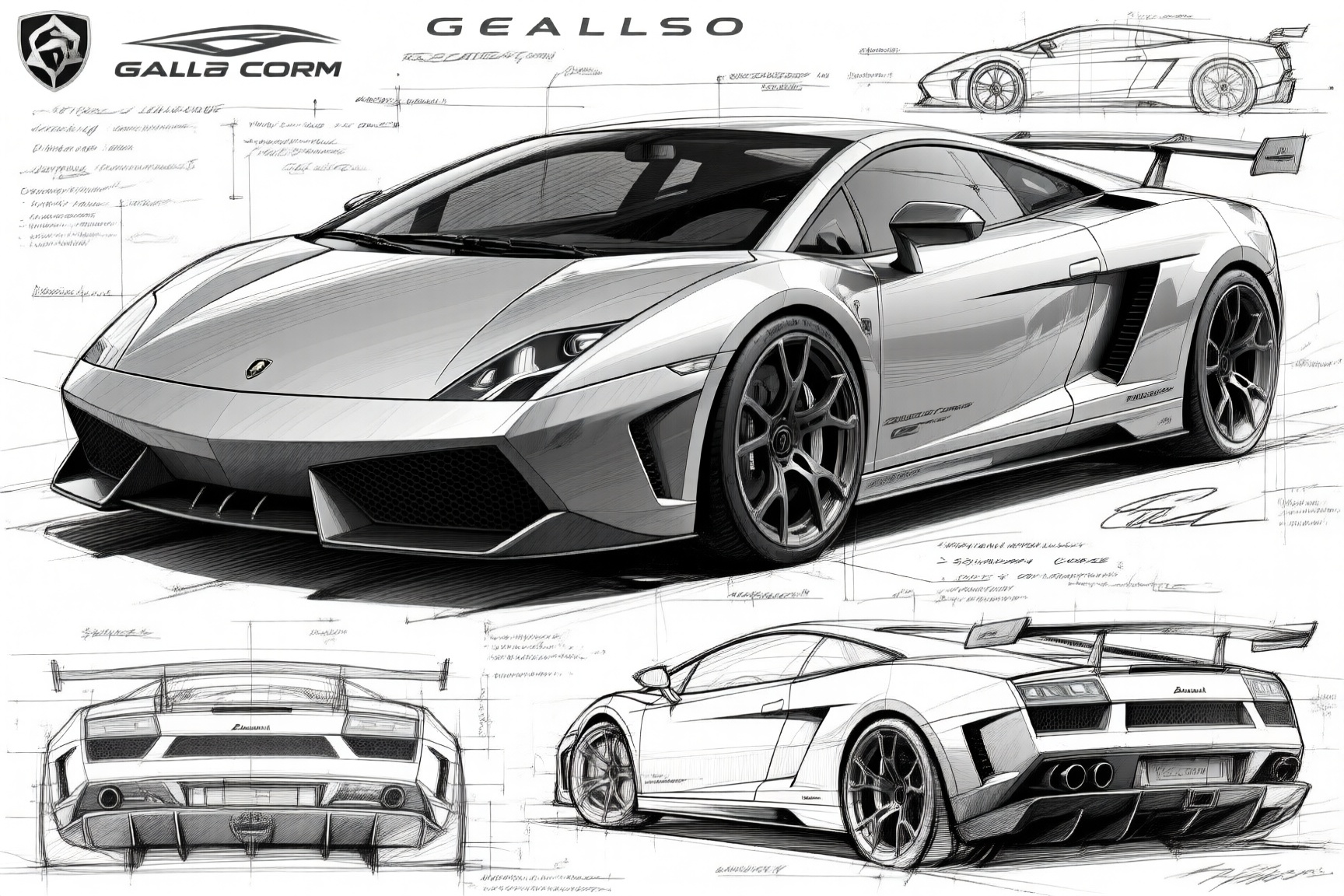 汽车工业设计草图,  兰博基尼Gallardo Squadra Corse,  画风偏向精致的工业设计手绘 on Tensor.Art