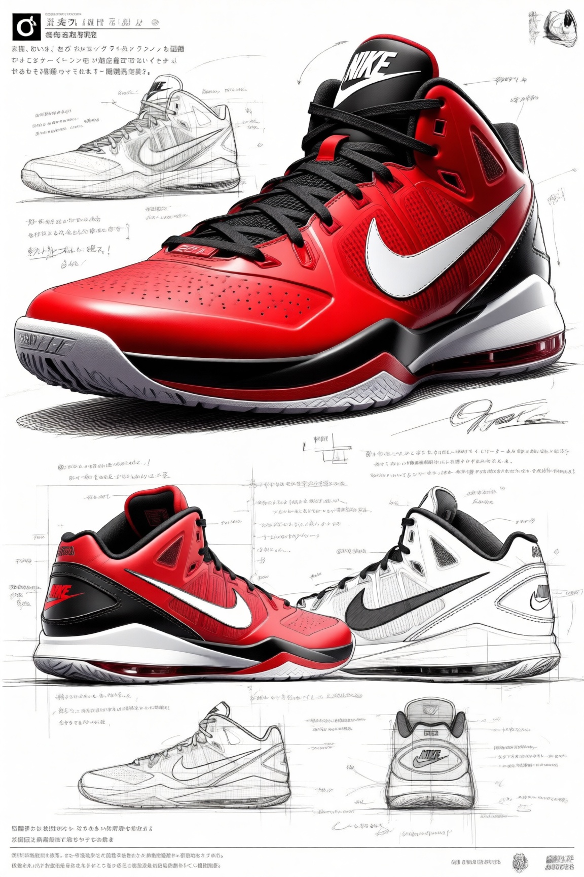 Close-up of a Nike basketball shoe,  exuding vitality. Dominated by high-saturation red,  black on Tensor.Art