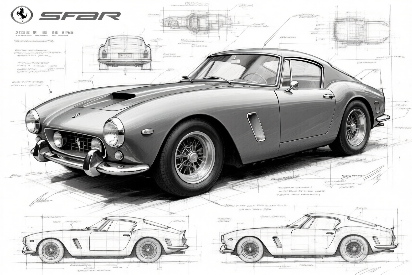 汽车工业设计草图,  法拉利250 GT Berlinetta SWB,  画风偏向精致的工业设计手绘 on Tensor.Art
