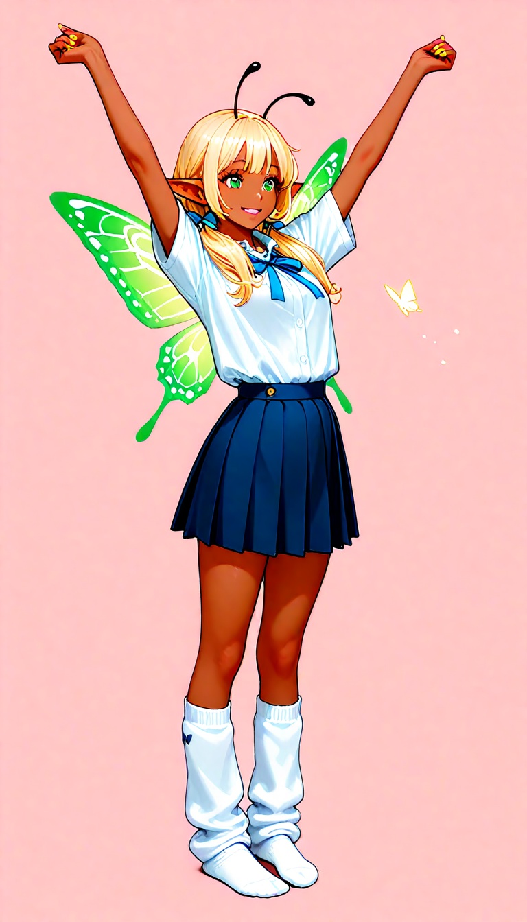 whimsical characters stand confidently,  brown skin、It combines the attributes of an anime high school girl with mythical...