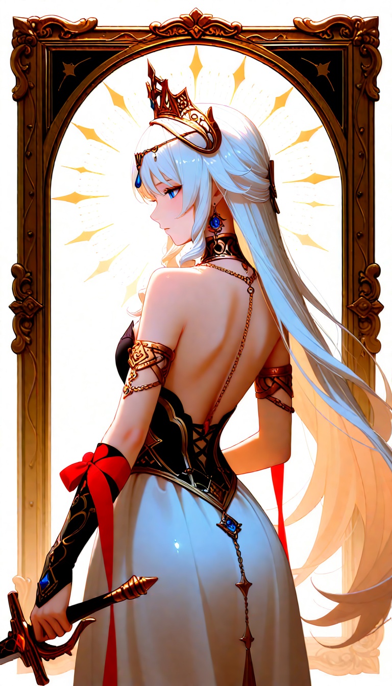 A majestic vision of Navia from Genshin Impact: A statuesque woman stands tall,  her long white hair cascading down her ba...