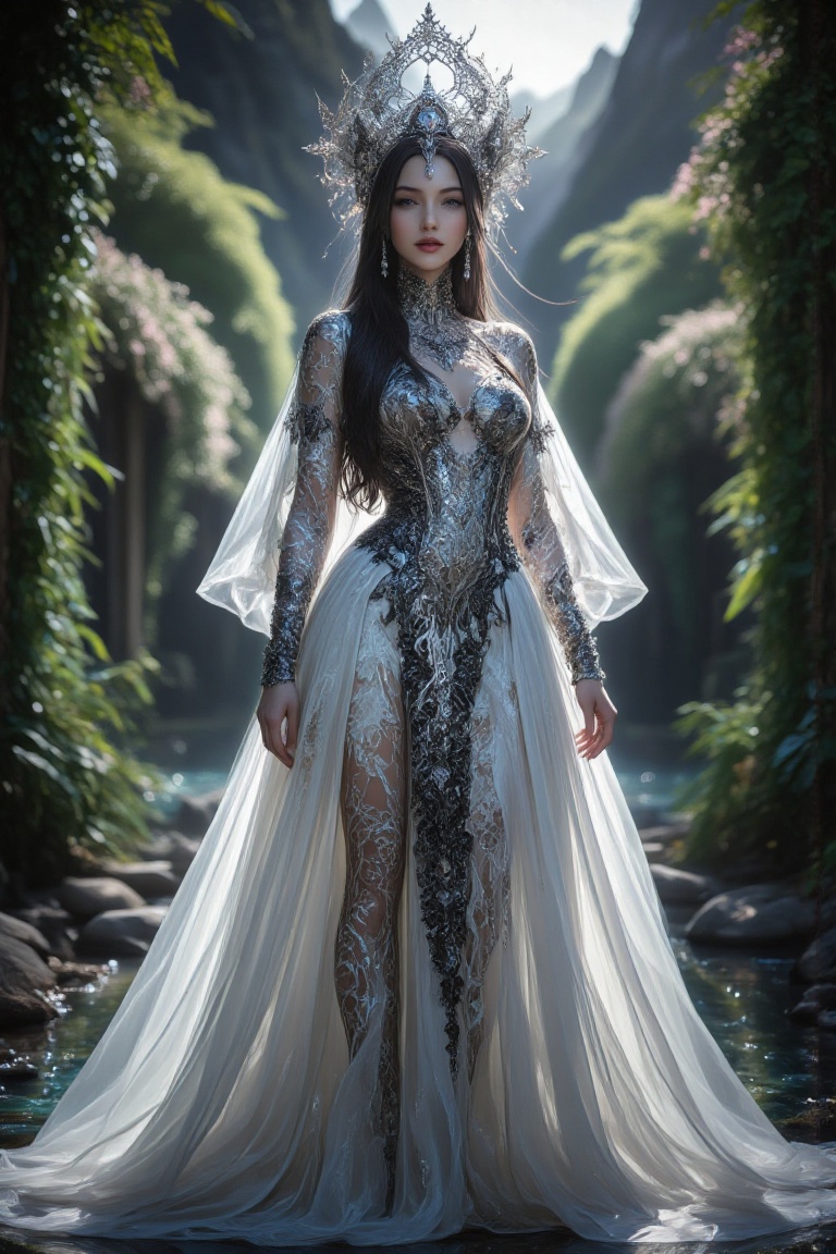 Woman in stunning shimmering white and black wedding dress,  soft smile revealing fang,  standing in harmonious peaceful b...