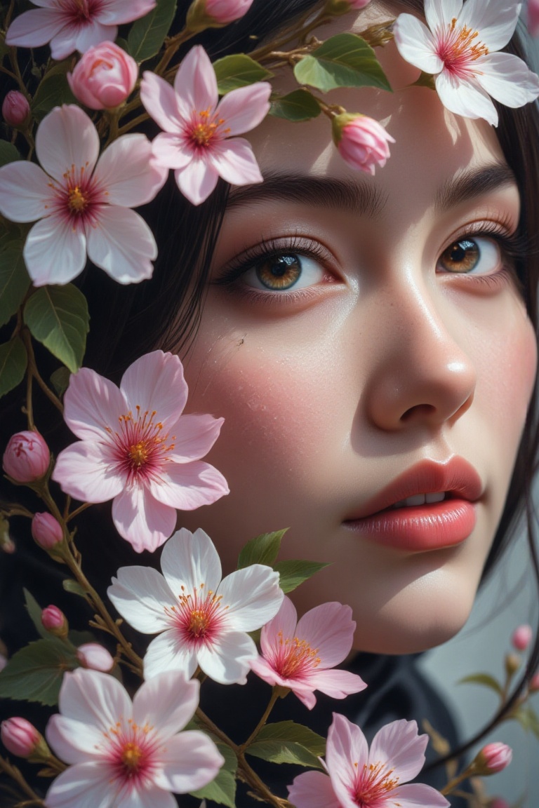 Close-up potret perempuan muda tersembunyi di antara dahan bunga sakura. Bunga putih lembut dengan benang sari oranye-kuni...