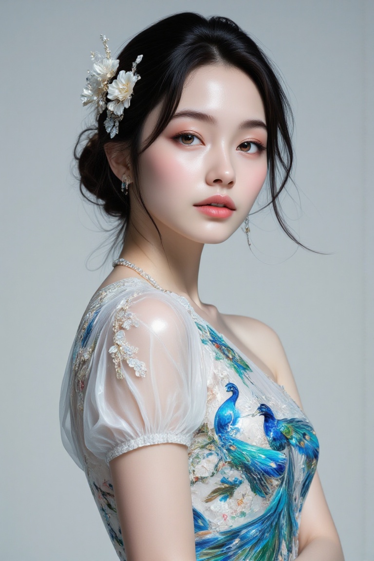 Studio portrait of a young East Asian woman,  light skin,  dark hair in elegant updo on Tensor.Art