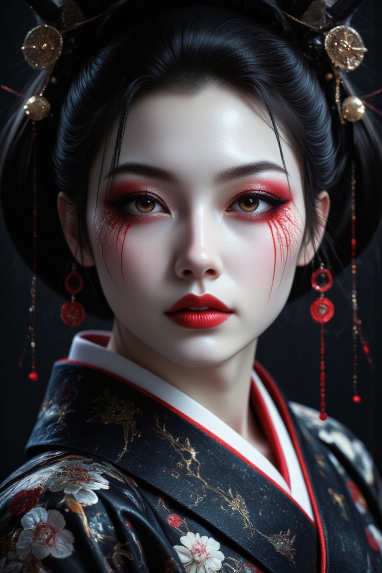 Highly detailed portrait of a woman with porcelain-white skin,  striking red eyes,  bold red lipstick on Tensor.Art