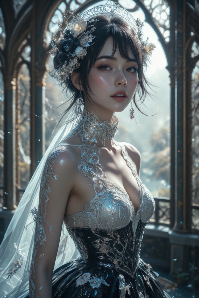Woman in stunning shimmering white and black wedding dress,  soft smile revealing fang,  standing in harmonious peaceful b...