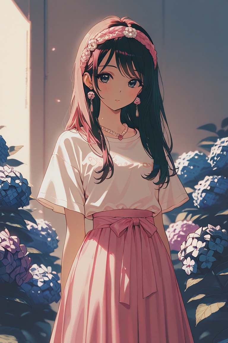cute japanese girl fashion,  wearing a white short-sleeved t-shirt and a pink long skirt with lace at the bottom of the wa...