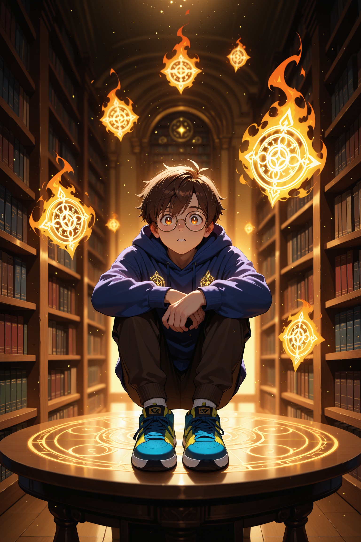 A teenage boy with soft brown hair and round glasses sits at a library table surrounded by glowing books floating in the a...