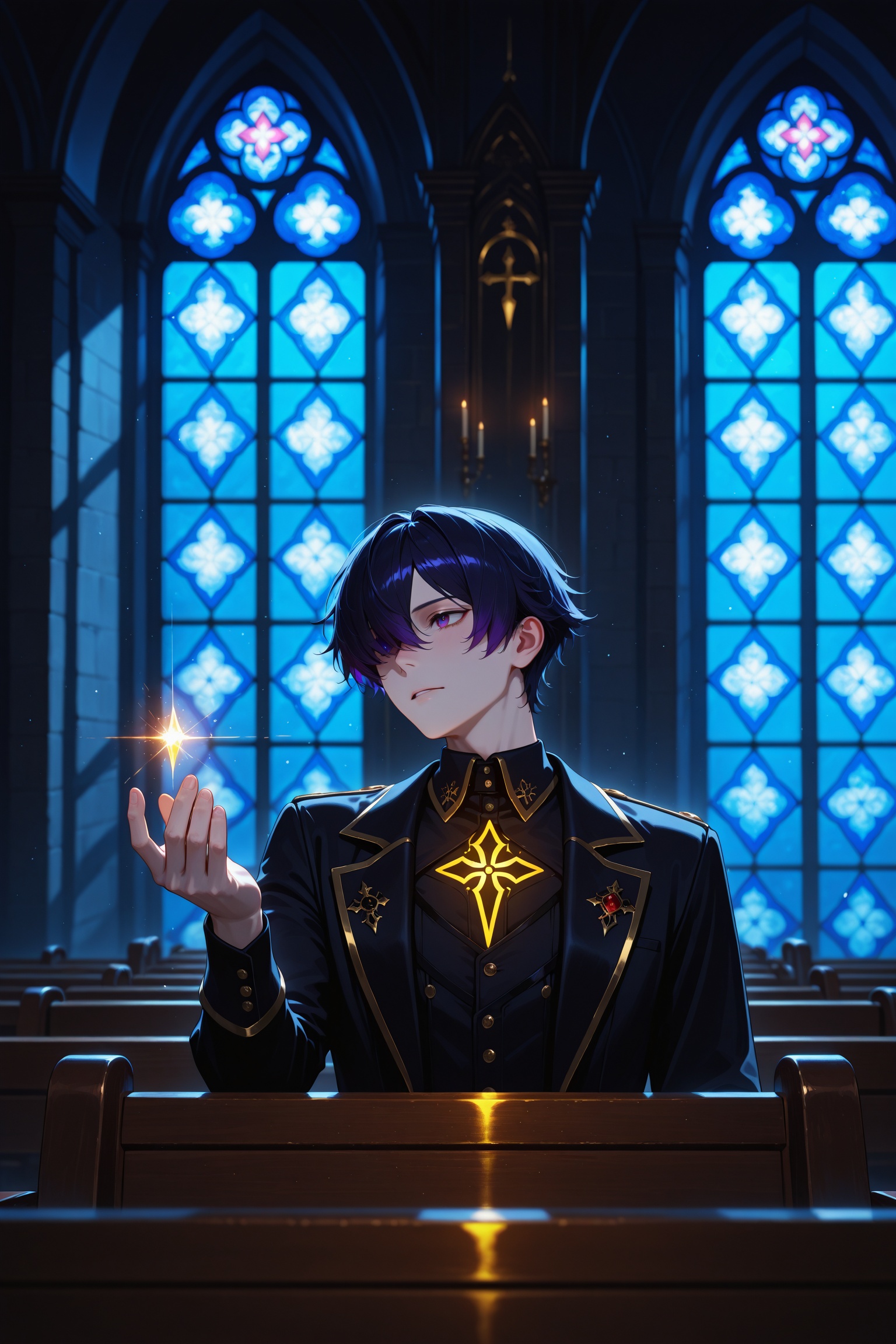 A brooding boy with dark indigo hair covering one eye sits alone on a church pew at night,  pale skin illuminated by glowi...