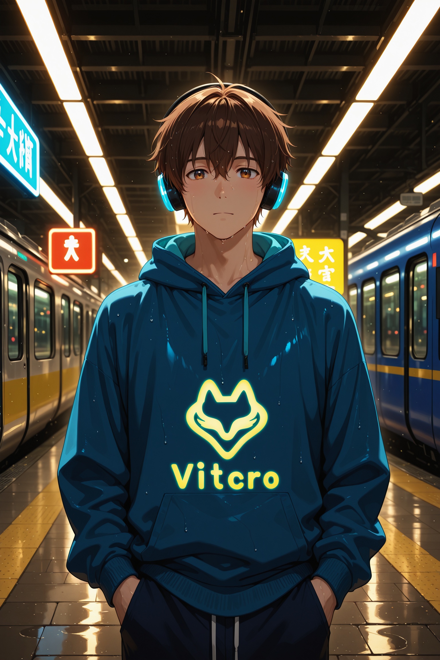 A laid-back teenage boy with messy brown hair sips canned coffee at a rainy train station platform,  wearing a casual hood...