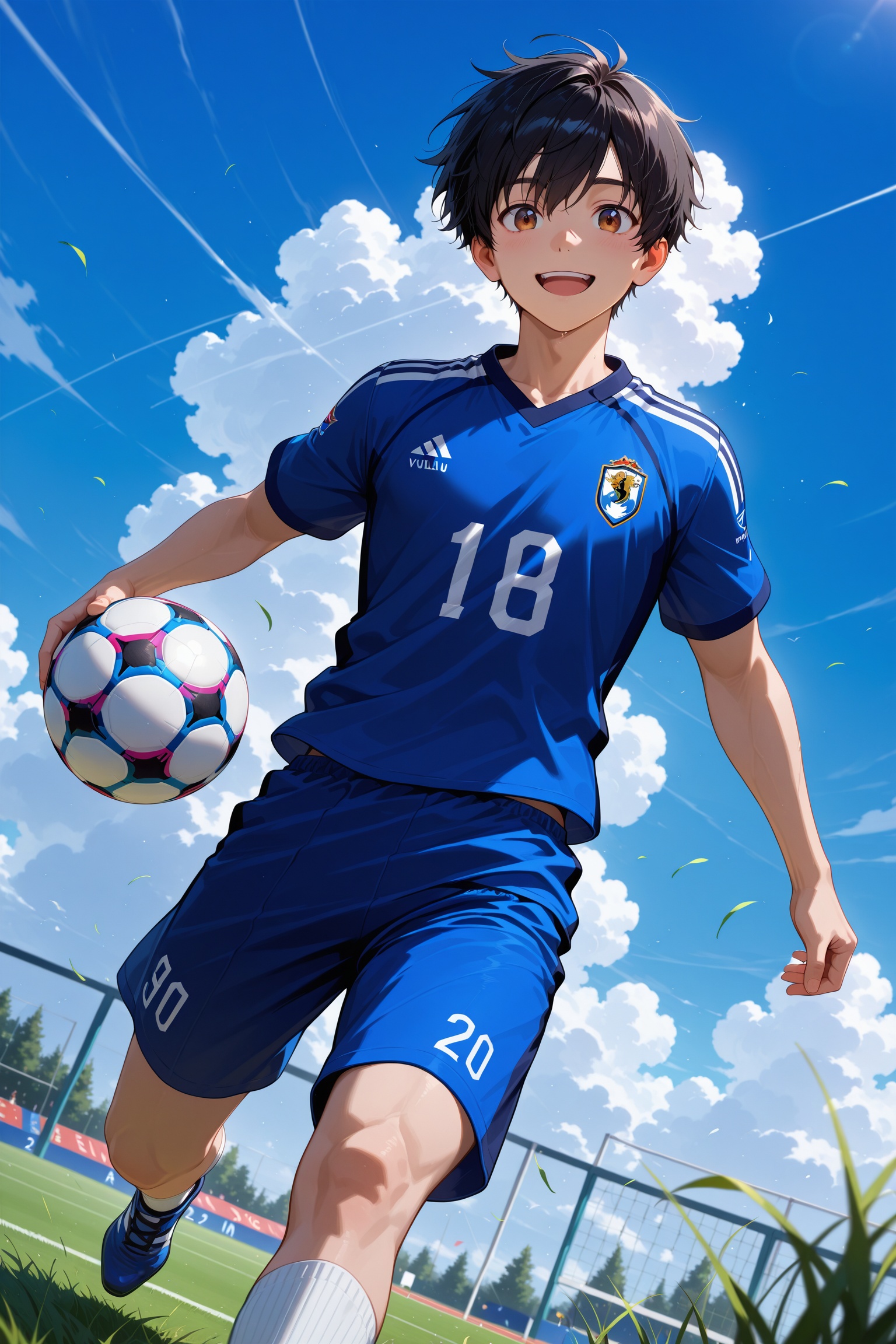 A teenage boy with black hair and brown eyes runs outdoors on grass during the day,  wearing a blue soccer uniform,  short...