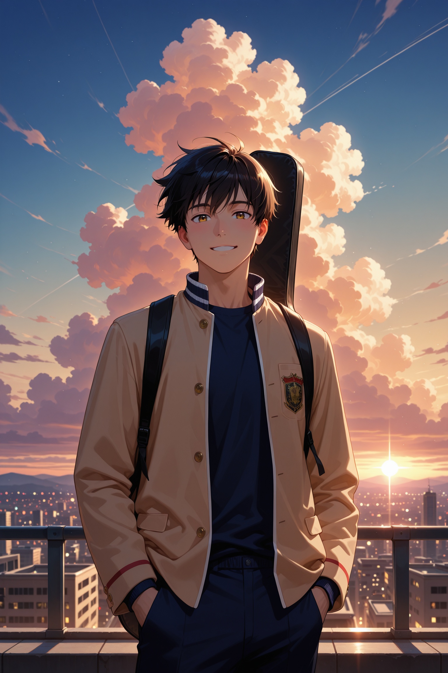 A handsome high school boy with short spiky black hair and golden-brown eyes stands solo on a rooftop at sunset,  wind blo...