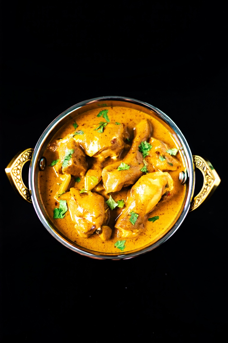 Photograph of a rich creamy curry dish in a round glass bowl with ornate gold-colored handles. The curry a vibrant orange-...