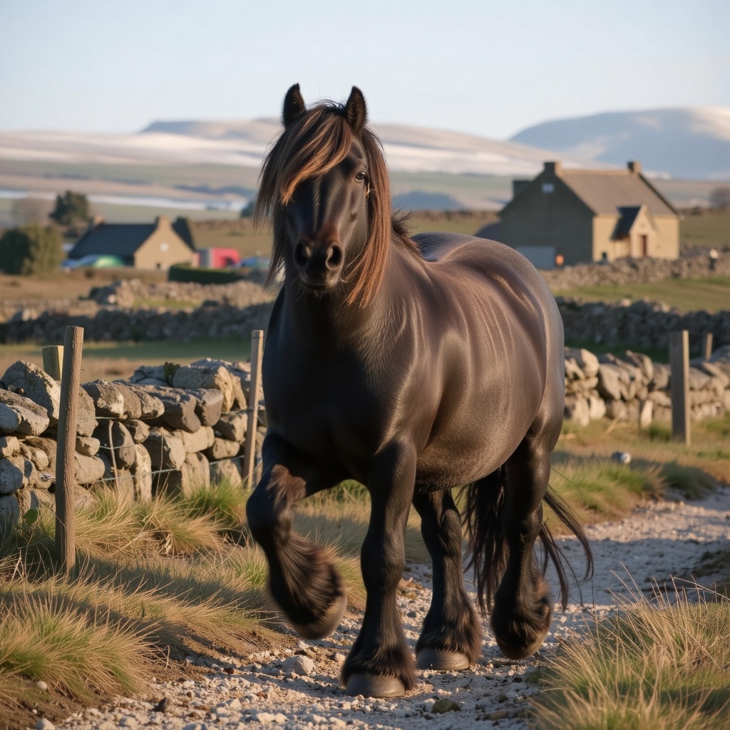 Photo-realistic,  cinematic style. Fixed camera shot of a dark brown Fell Pony walking slowly along a country path in Cumb...