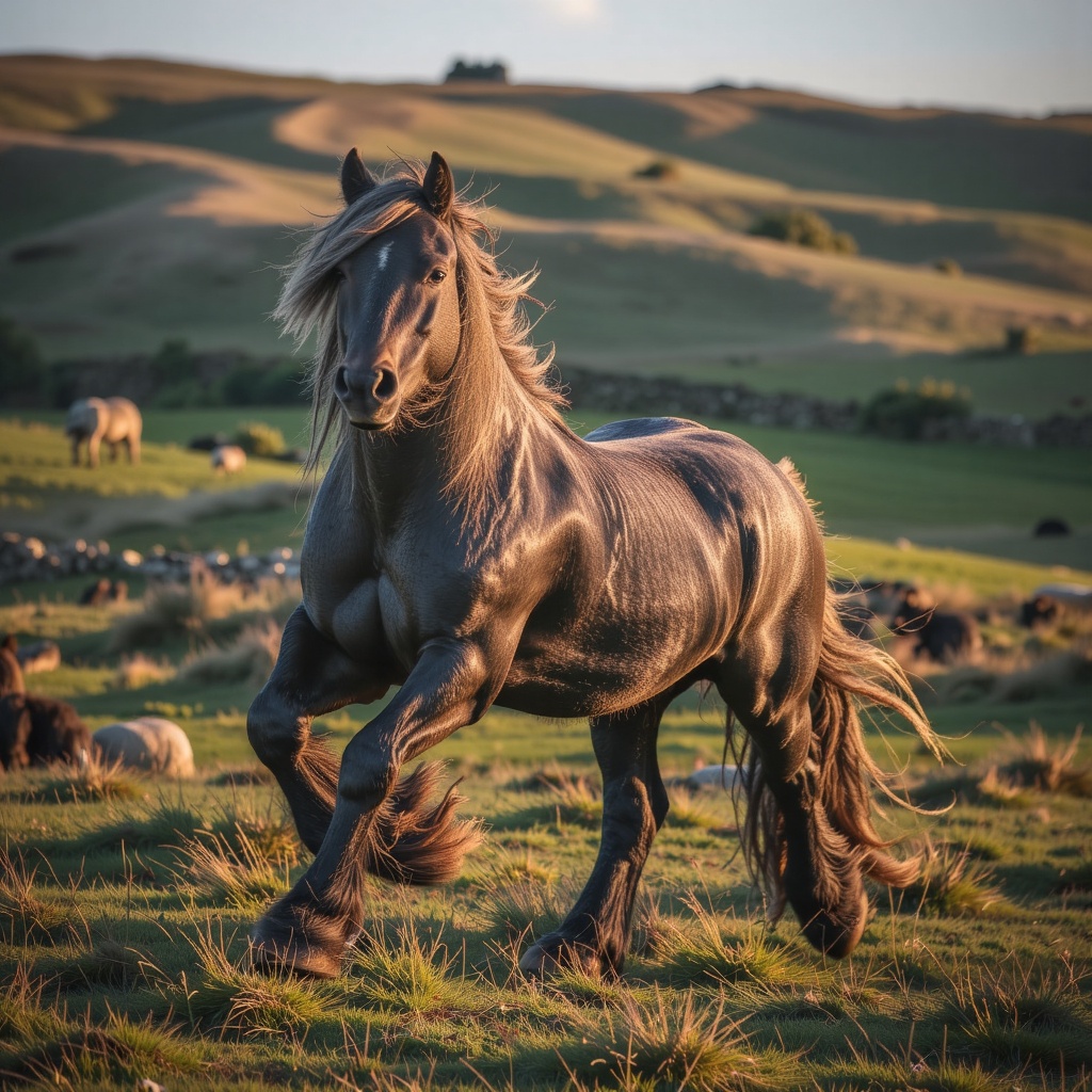 Photo-realistic,  cinematic style. Tracking shot of a gray Fell Pony galloping across rolling northern English hills,  mus...